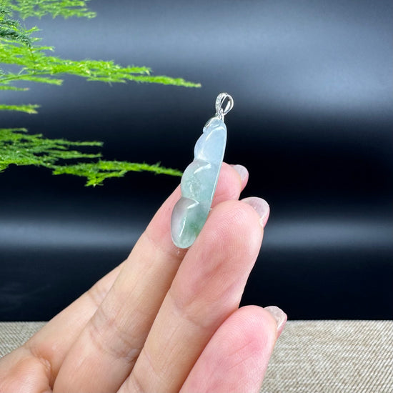 RealJade® Co. Genuine Icy Green  Jadeite Jade Bean Necklace With 18K White Gold Bail