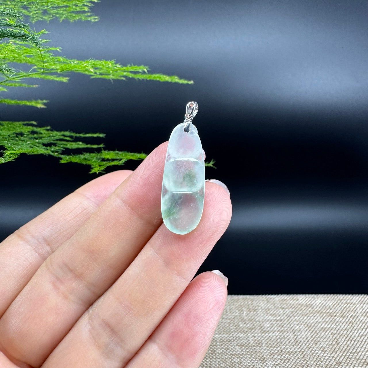 RealJade® Co. Genuine Icy Green  Jadeite Jade Bean Necklace With 18K White Gold Bail