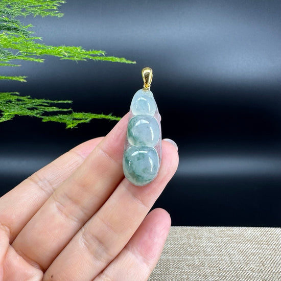 RealJade® Co. Genuine Ice Green Jadeite Jade Bean Necklace With 18K Yellow Gold Bail