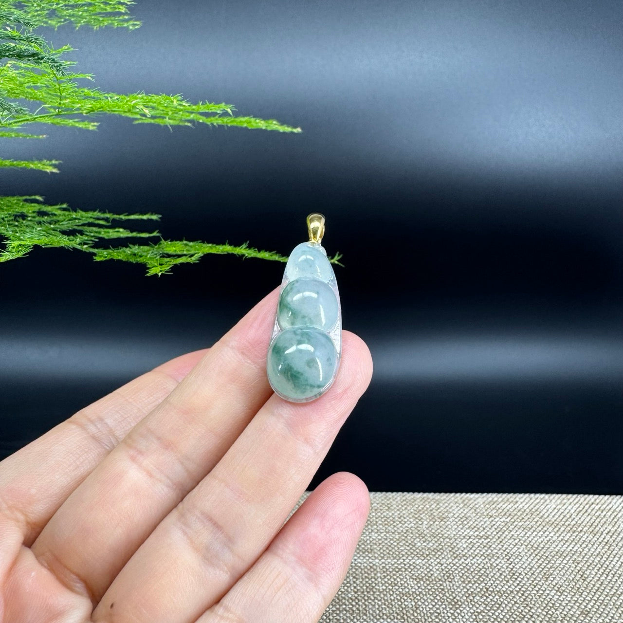 RealJade® Co. Genuine Ice Green Jadeite Jade Bean Necklace With 18K Yellow Gold Bail