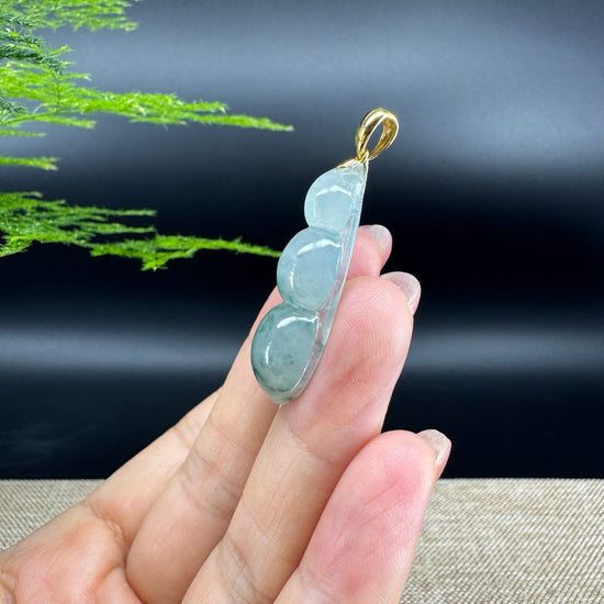 RealJade® Co. Genuine Ice Green Jadeite Jade Bean Necklace With 18K Yellow Gold Bail