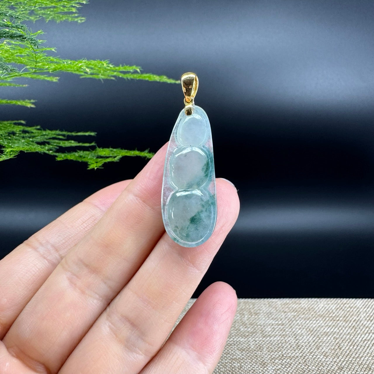RealJade® Co. Genuine Ice Green Jadeite Jade Bean Necklace With 18K Yellow Gold Bail