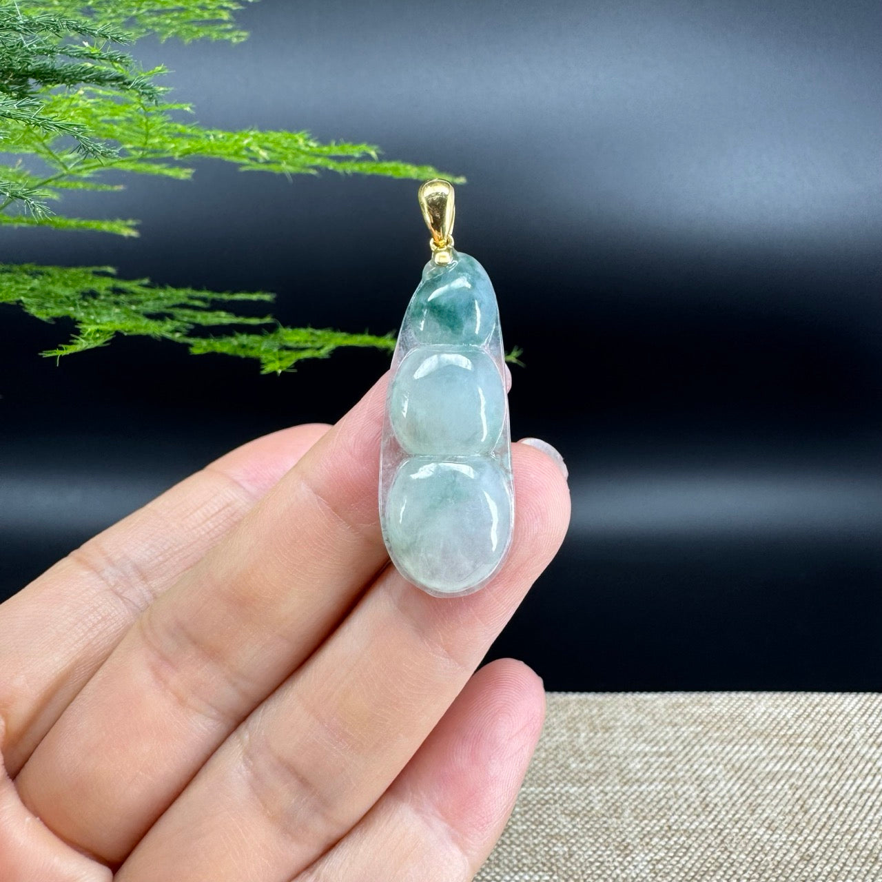 RealJade® Co. Genuine Ice Green Jadeite Jade Bean Necklace With 18K Yellow Gold Bail