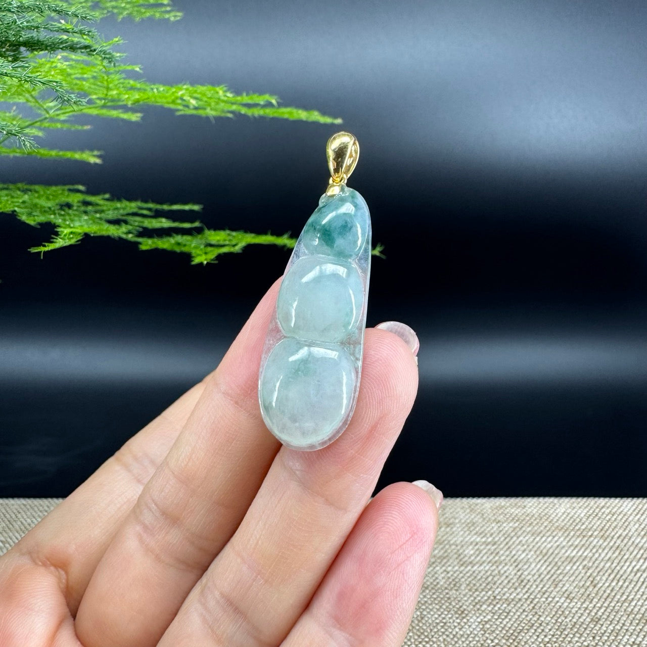 RealJade® Co. Genuine Ice Green Jadeite Jade Bean Necklace With 18K Yellow Gold Bail