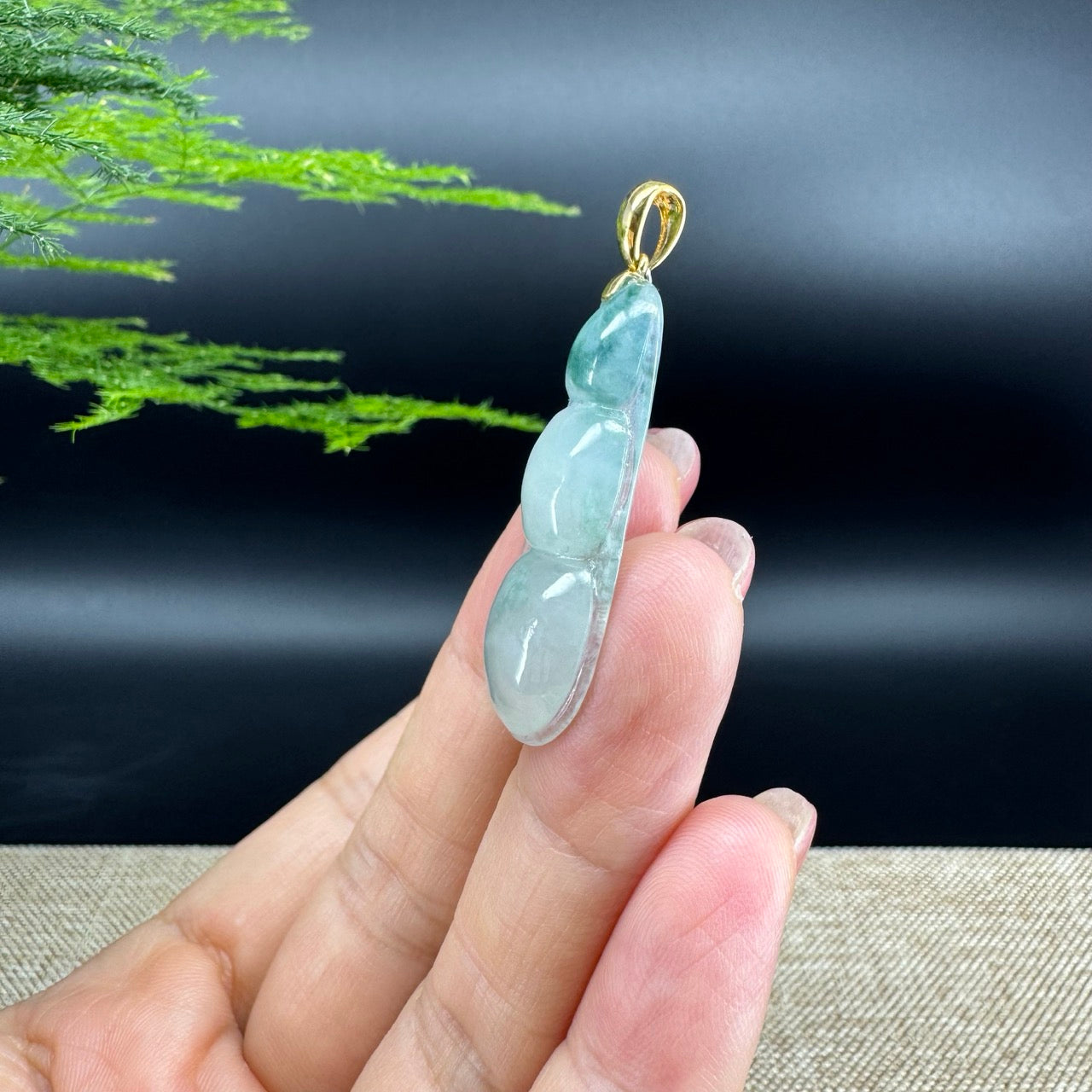 RealJade® Co. Genuine Ice Green Jadeite Jade Bean Necklace With 18K Yellow Gold Bail