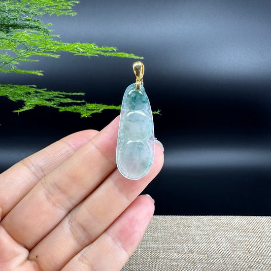 RealJade® Co. Genuine Ice Green Jadeite Jade Bean Necklace With 18K Yellow Gold Bail