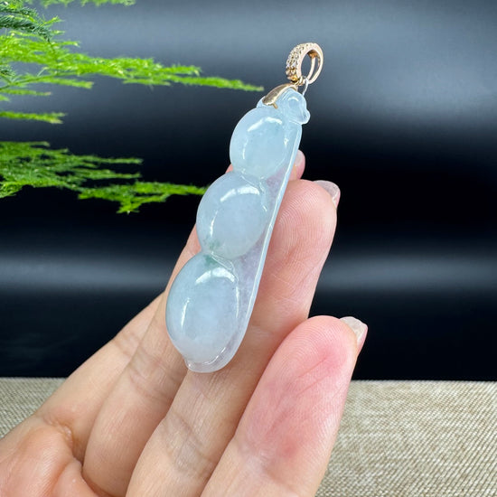 RealJade® Co. Genuine Ice Green Jadeite Jade Bean Necklace With 18K Rose Gold Bail