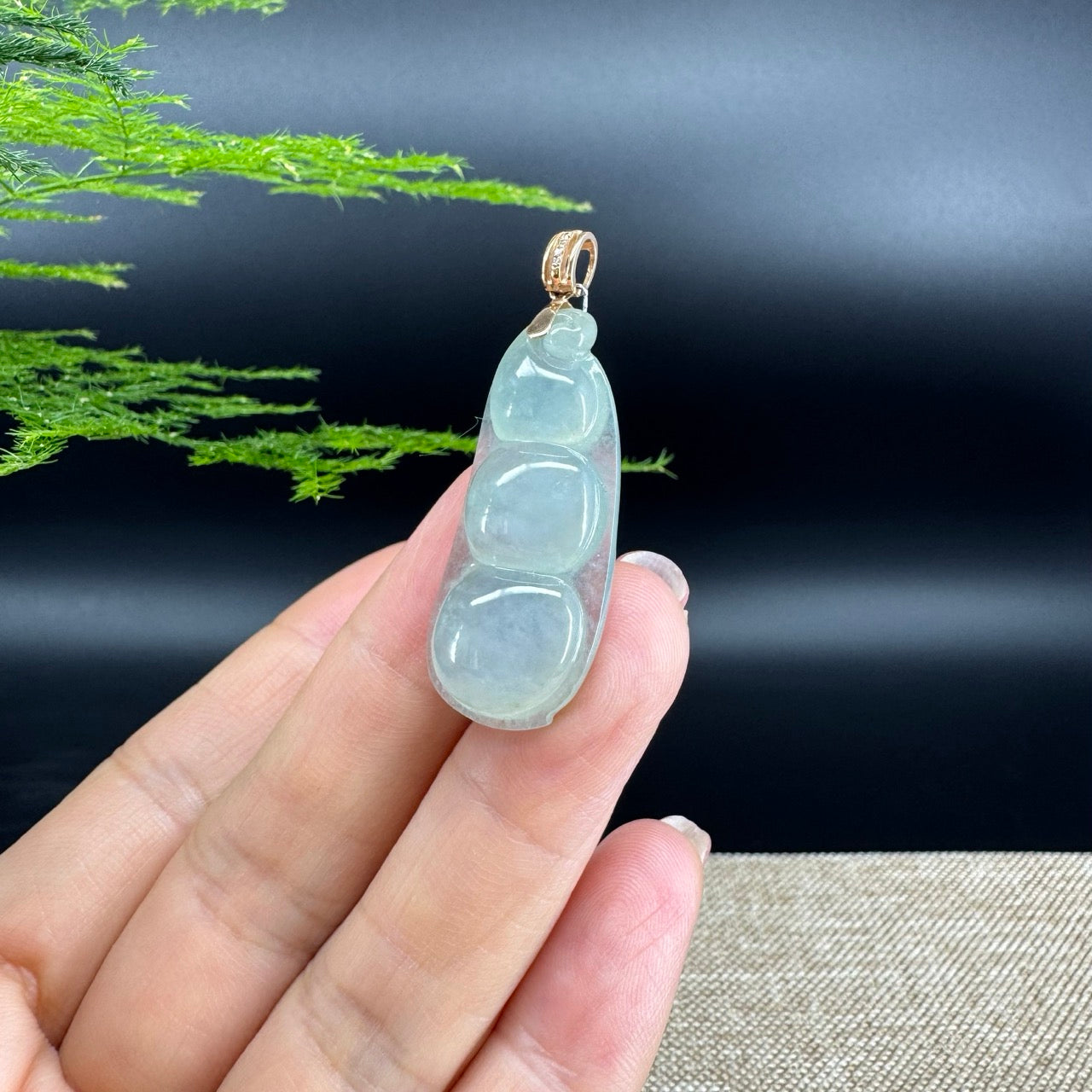 RealJade® Co. Genuine Ice Green Jadeite Jade Bean Necklace With 18K Rose Gold Bail