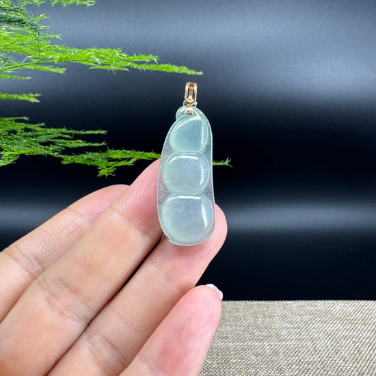 RealJade® Co. Genuine Ice Green Jadeite Jade Bean Necklace With 18K Rose Gold Bail