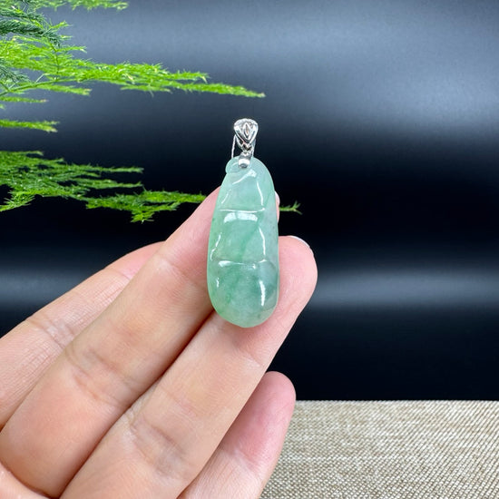 RealJade® Co. Genuine Icy Green  Jadeite Jade Bean Necklace With 18K White Gold Bail