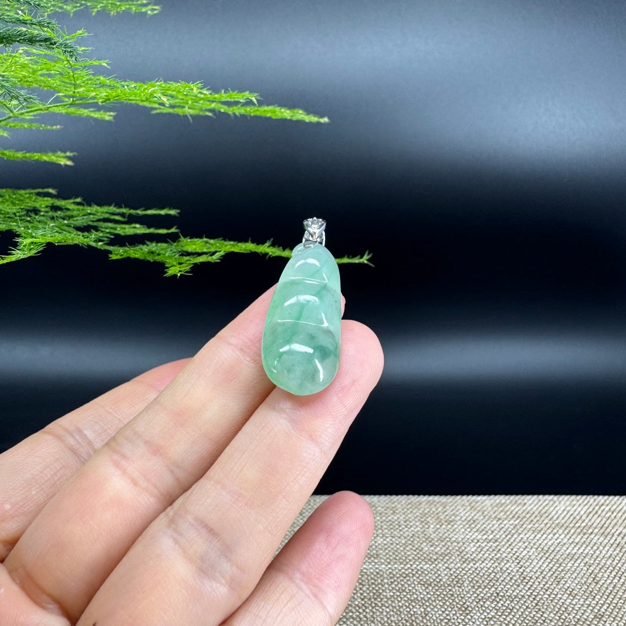 RealJade® Co. Genuine Icy Green  Jadeite Jade Bean Necklace With 18K White Gold Bail