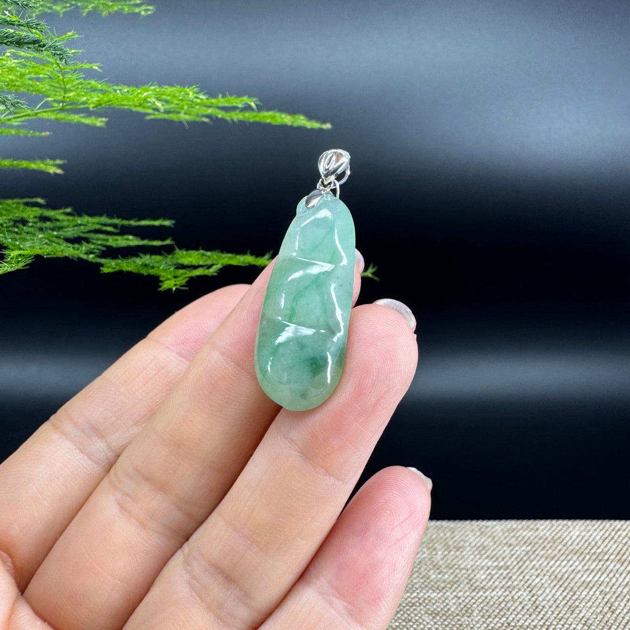 RealJade® Co. Genuine Icy Green  Jadeite Jade Bean Necklace With 18K White Gold Bail