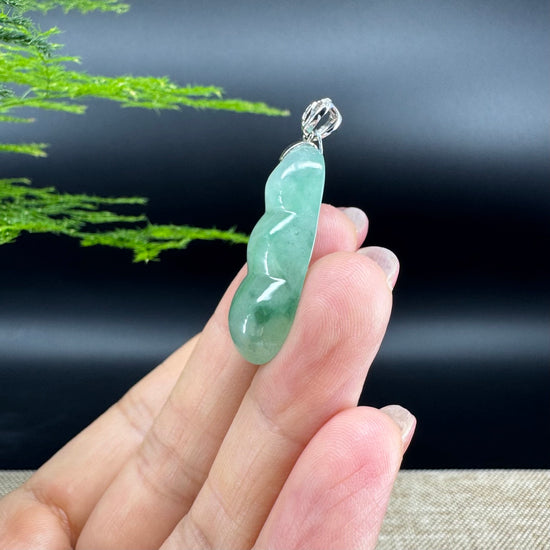 RealJade® Co. Genuine Icy Green  Jadeite Jade Bean Necklace With 18K White Gold Bail