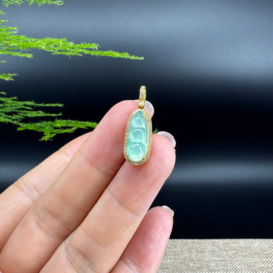 RealJade® Co. Genuine Burmese Ice Green Jadeite Jade Fu Dou Pendant with 18k Yellow Gold Diamond Bail