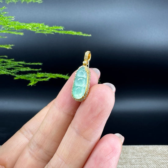 RealJade® Co. Genuine Burmese Ice Green Jadeite Jade Fu Dou Pendant with 18k Yellow Gold Diamond Bail