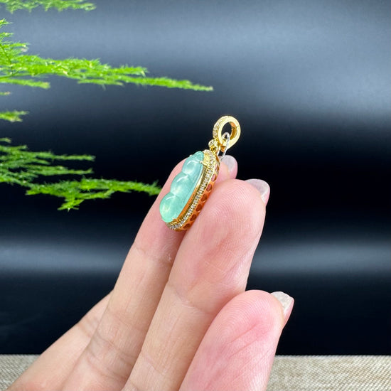 RealJade® Co. Genuine Burmese Ice Green Jadeite Jade Fu Dou Pendant with 18k Yellow Gold Diamond Bail