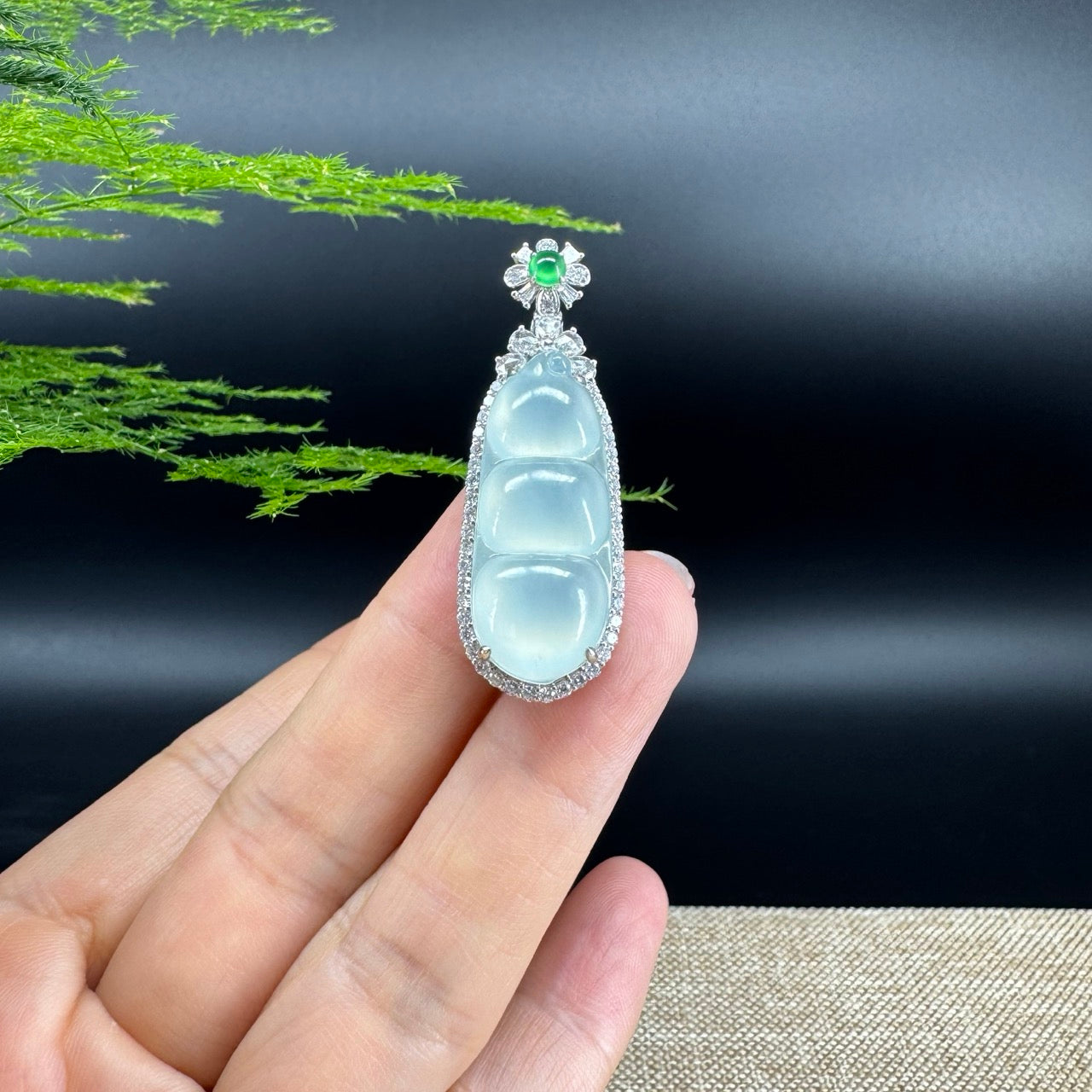 RealJade® Co. Genuine Burmese Icy Green Jadeite Jade Fu Dou Pendant with 18k White Gold Diamond Bail