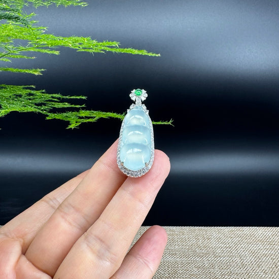 RealJade® Co. Genuine Burmese Icy Green Jadeite Jade Fu Dou Pendant with 18k White Gold Diamond Bail