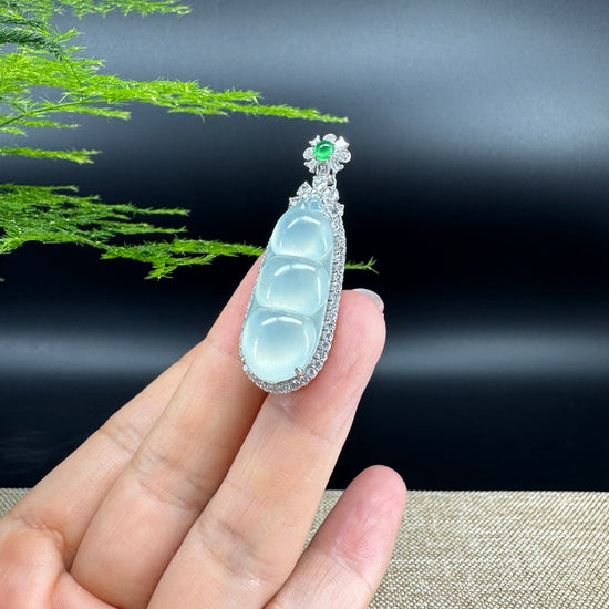 RealJade® Co. Genuine Burmese Icy Green Jadeite Jade Fu Dou Pendant with 18k White Gold Diamond Bail