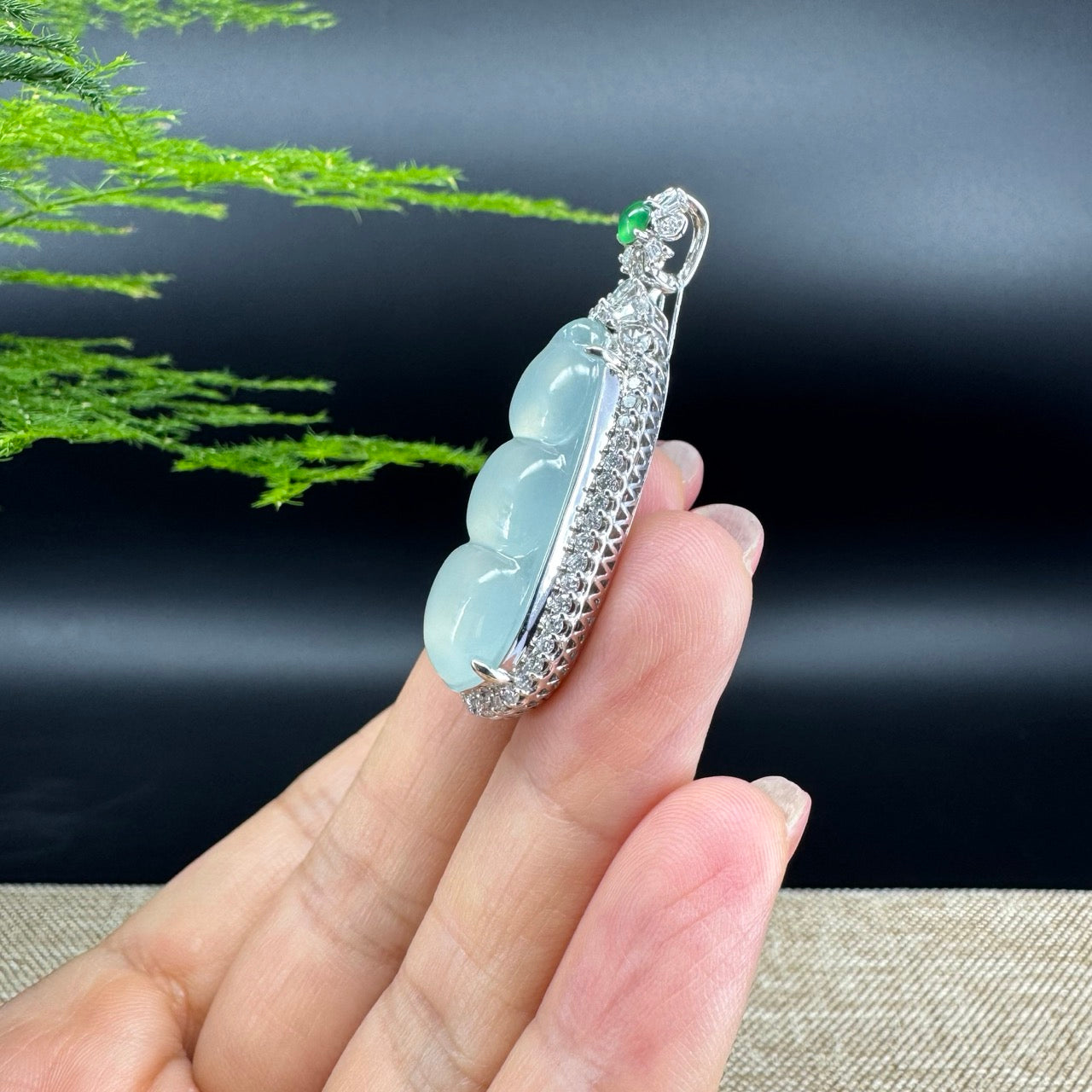 RealJade® Co. Genuine Burmese Icy Green Jadeite Jade Fu Dou Pendant with 18k White Gold Diamond Bail