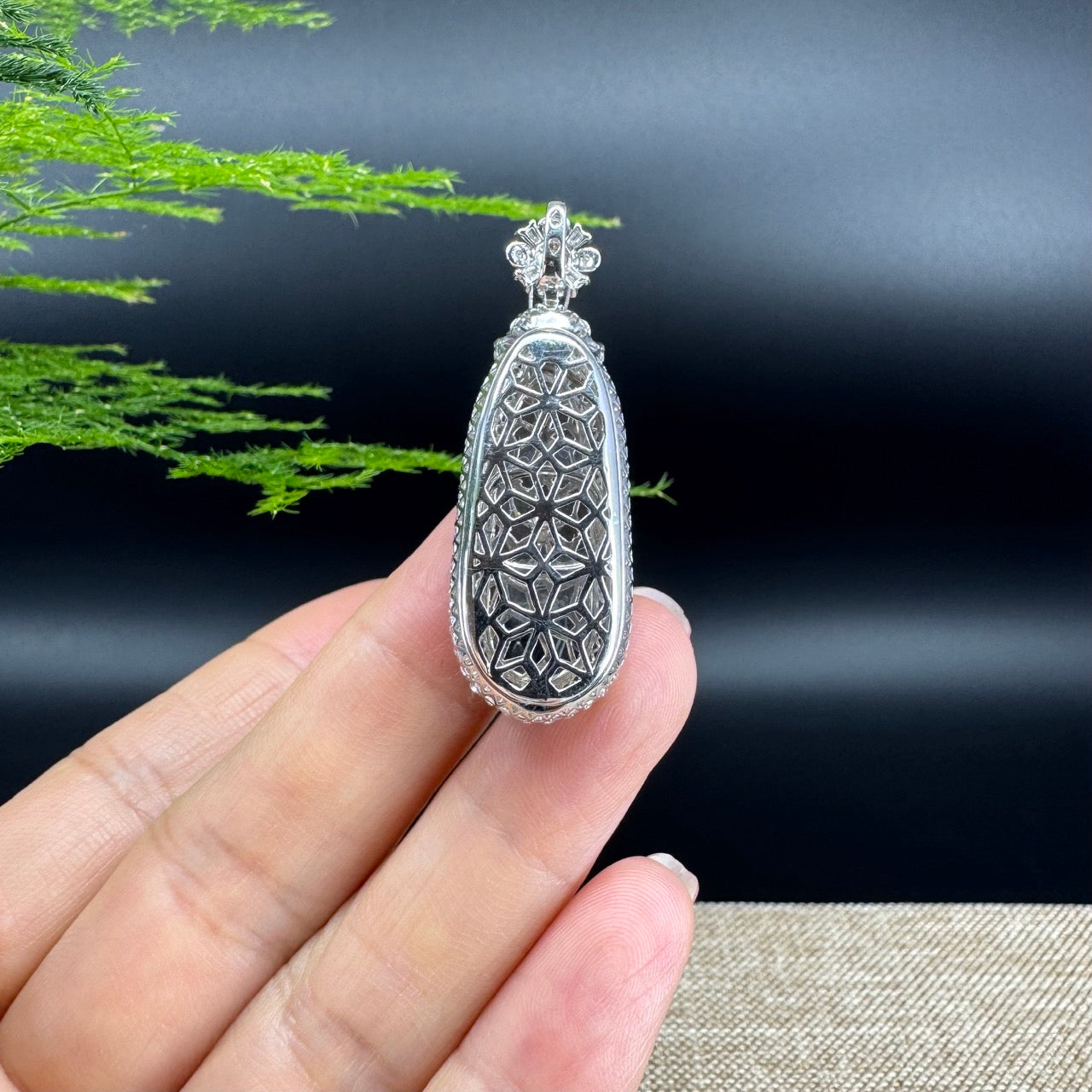 RealJade® Co. Genuine Burmese Icy Green Jadeite Jade Fu Dou Pendant with 18k White Gold Diamond Bail