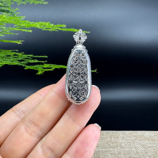 RealJade® Co. Genuine Burmese Icy Green Jadeite Jade Fu Dou Pendant with 18k White Gold Diamond Bail