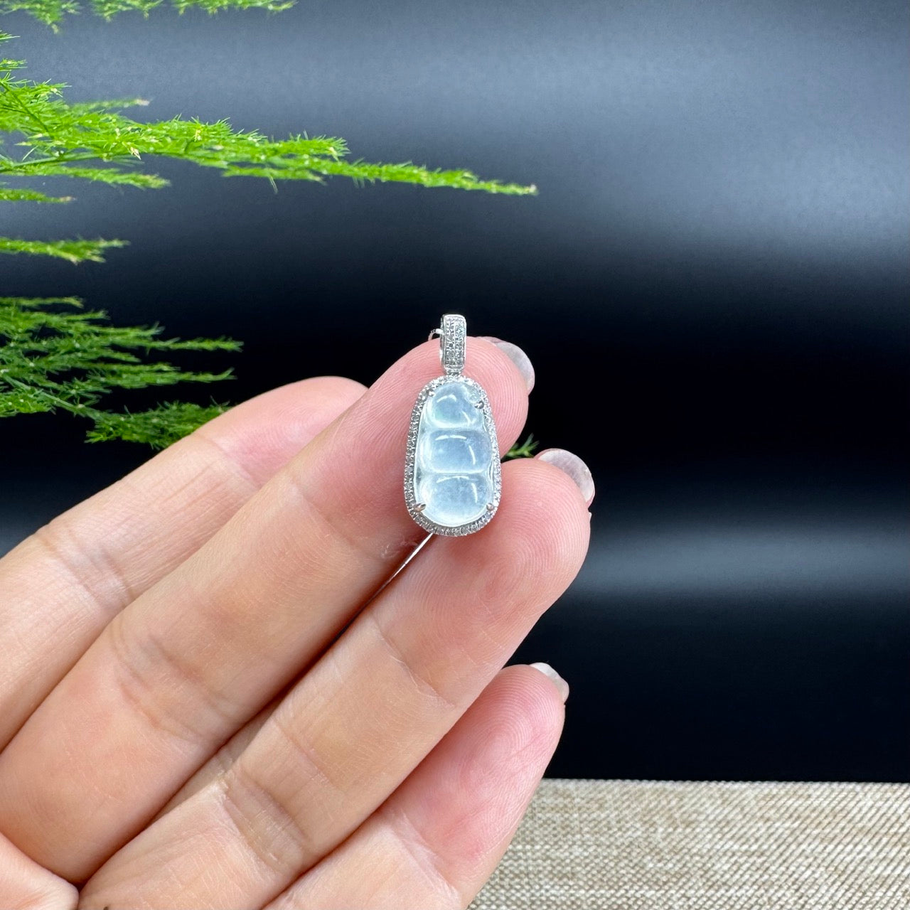 RealJade® Co. Genuine Burmese Icy Jadeite Jade Fu Dou Pendant with 18k White Gold Diamond Bail