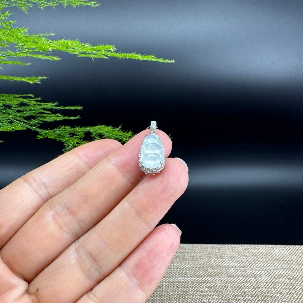 RealJade® Co. Genuine Burmese Icy Jadeite Jade Fu Dou Pendant with 18k White Gold Diamond Bail