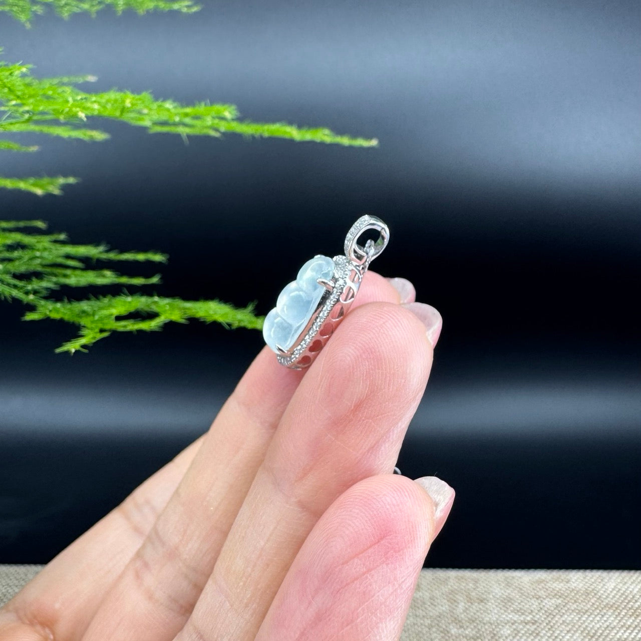 RealJade® Co. Genuine Burmese Icy Jadeite Jade Fu Dou Pendant with 18k White Gold Diamond Bail