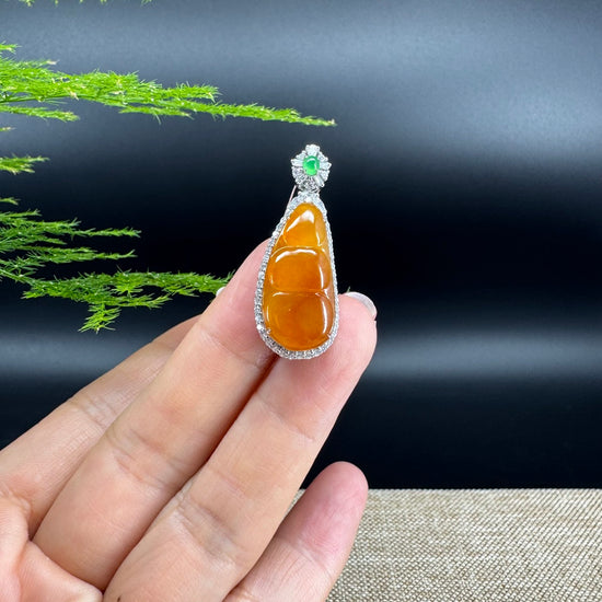 RealJade® Co. Genuine Burmese Honey Yellow Jadeite Jade Fu Dou Pendant with 18k White Gold Diamond Bail