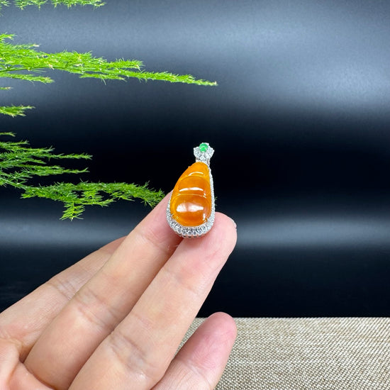 RealJade® Co. Genuine Burmese Honey Yellow Jadeite Jade Fu Dou Pendant with 18k White Gold Diamond Bail