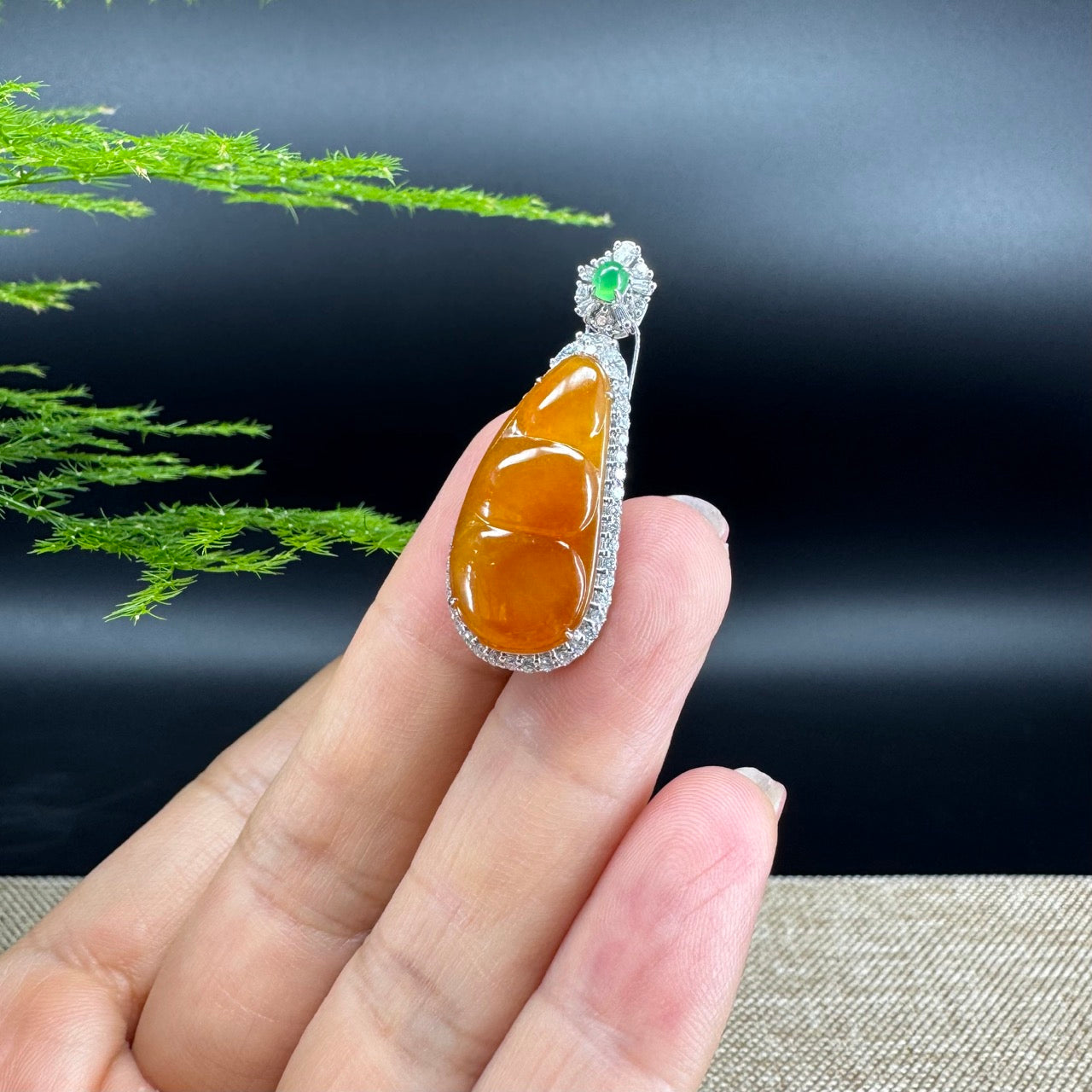 RealJade® Co. Genuine Burmese Honey Yellow Jadeite Jade Fu Dou Pendant with 18k White Gold Diamond Bail