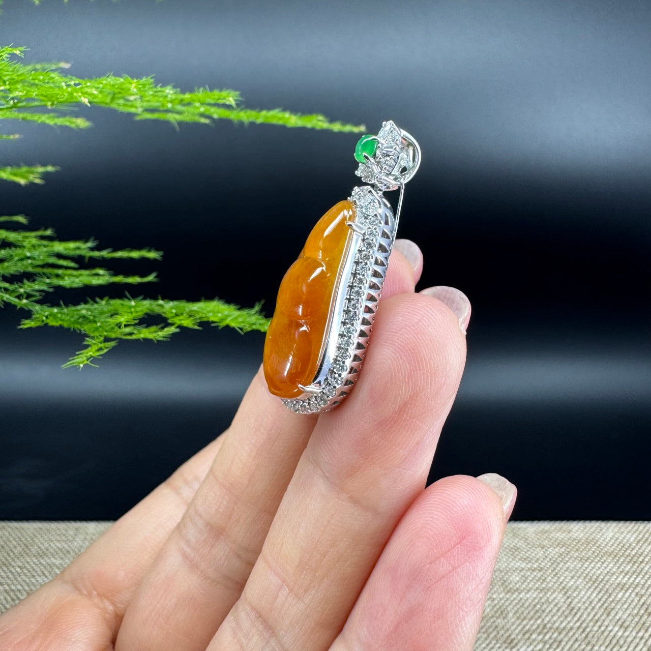 RealJade® Co. Genuine Burmese Honey Yellow Jadeite Jade Fu Dou Pendant with 18k White Gold Diamond Bail