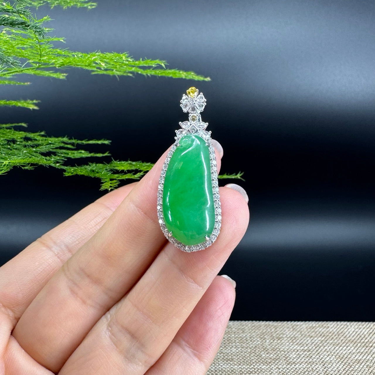 RealJade® Co. Genuine Burmese Green Jadeite Jade Fu Dou Pendant with 18k White Gold Diamond Bail