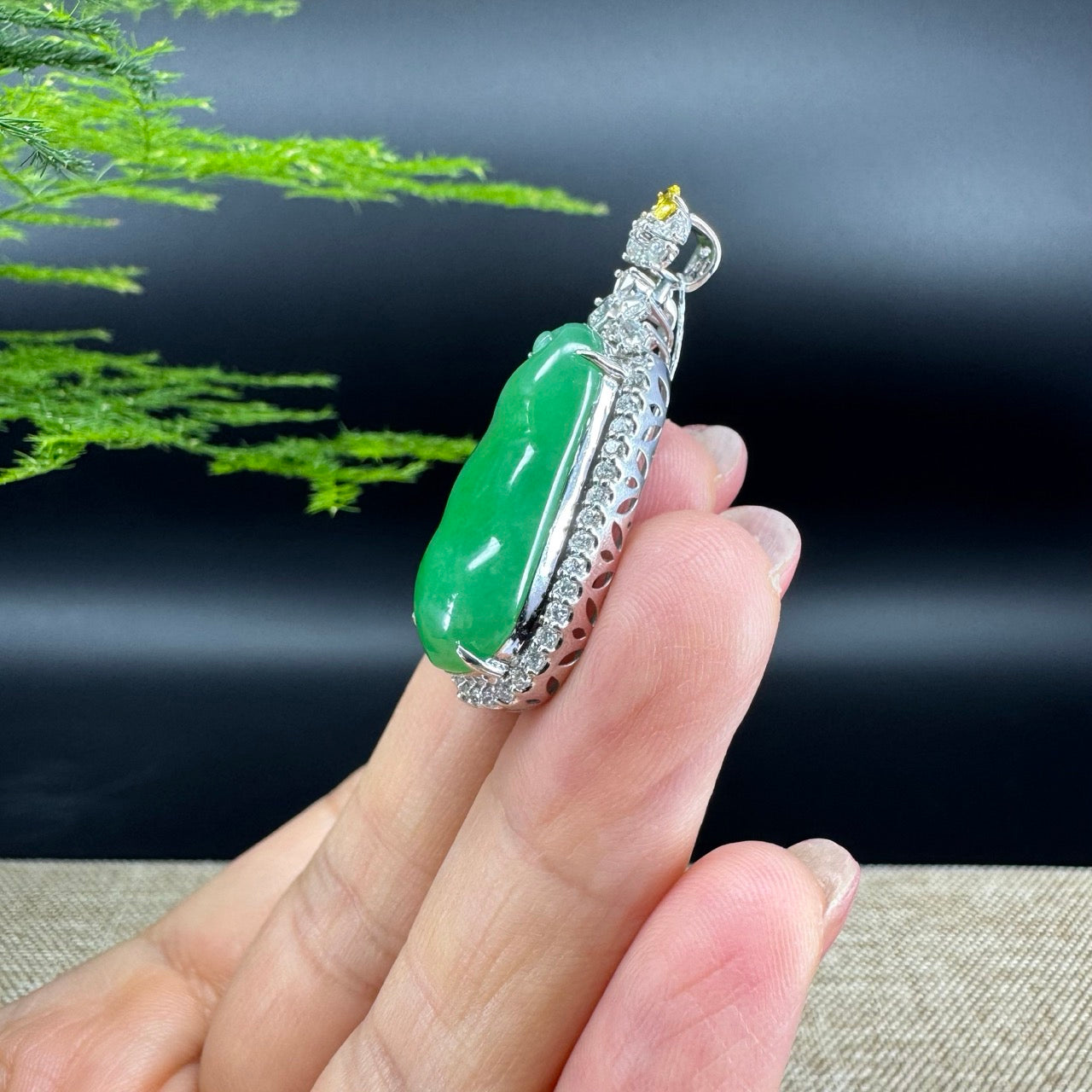 RealJade® Co. Genuine Burmese Green Jadeite Jade Fu Dou Pendant with 18k White Gold Diamond Bail
