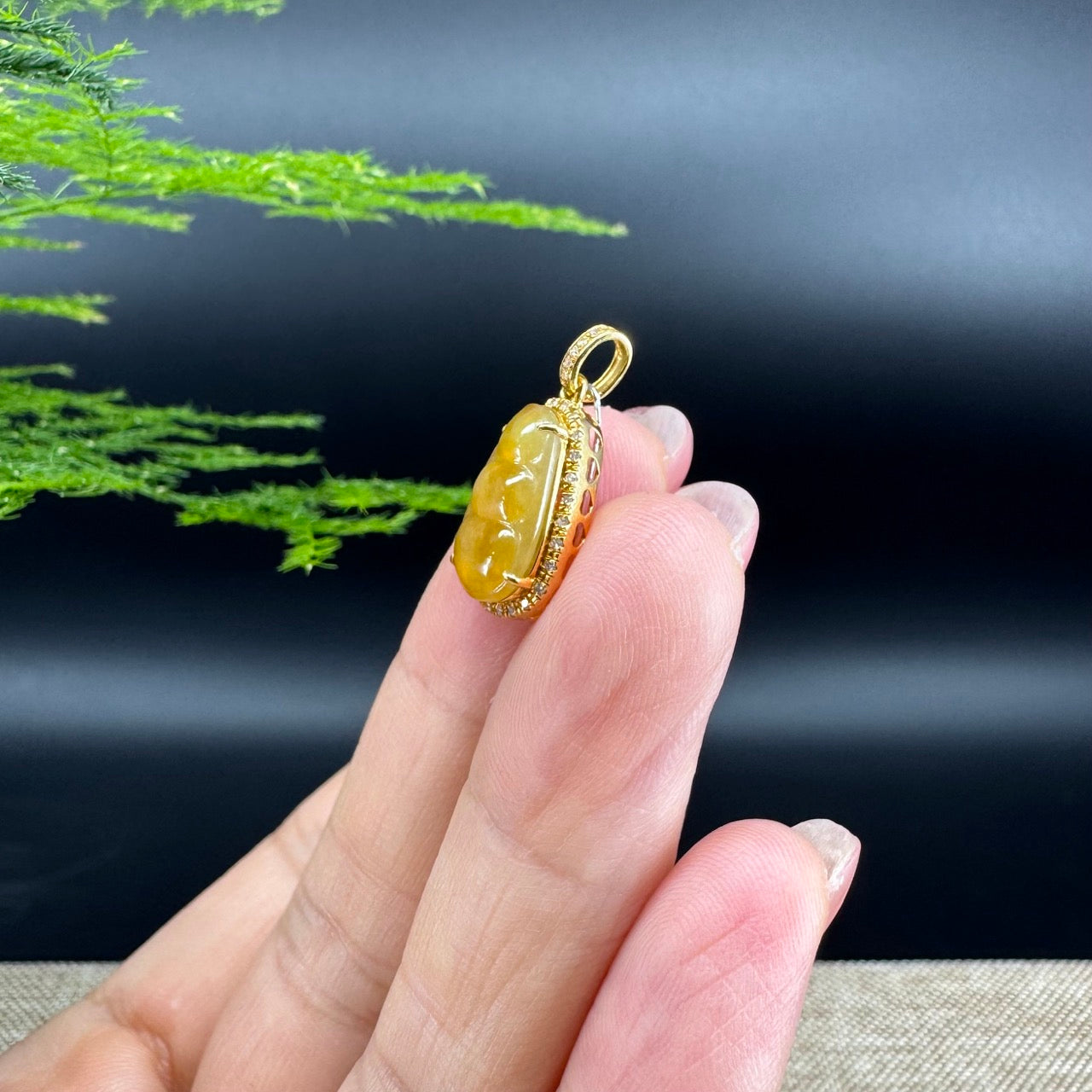 High end Genuine Burmese Honey yellow Jadeite Pendant with 18k Yellow Gold Bail
