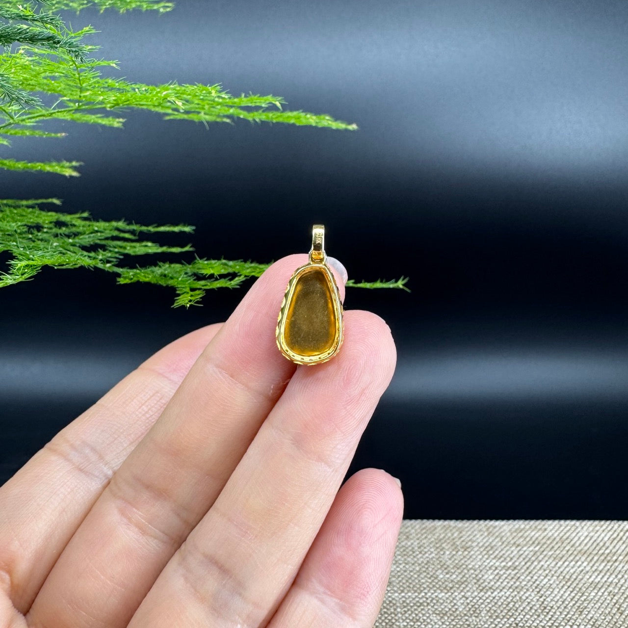 High end Genuine Burmese Honey yellow Jadeite Pendant with 18k Yellow Gold Bail