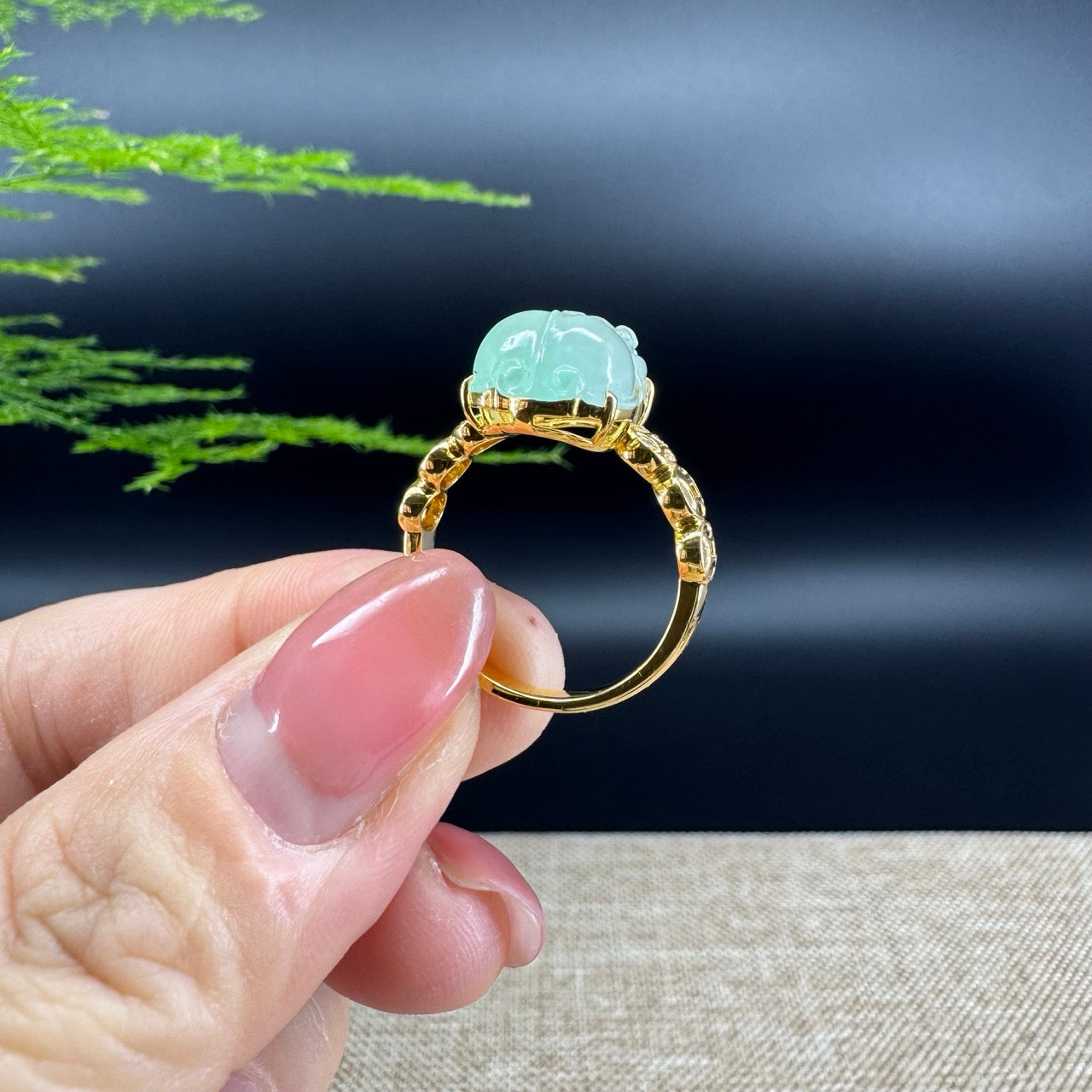 RealJade® "Signature Signet" 18K Yellow Gold Icy Blue Jadeite Jade Diamonds PiXiu Ring