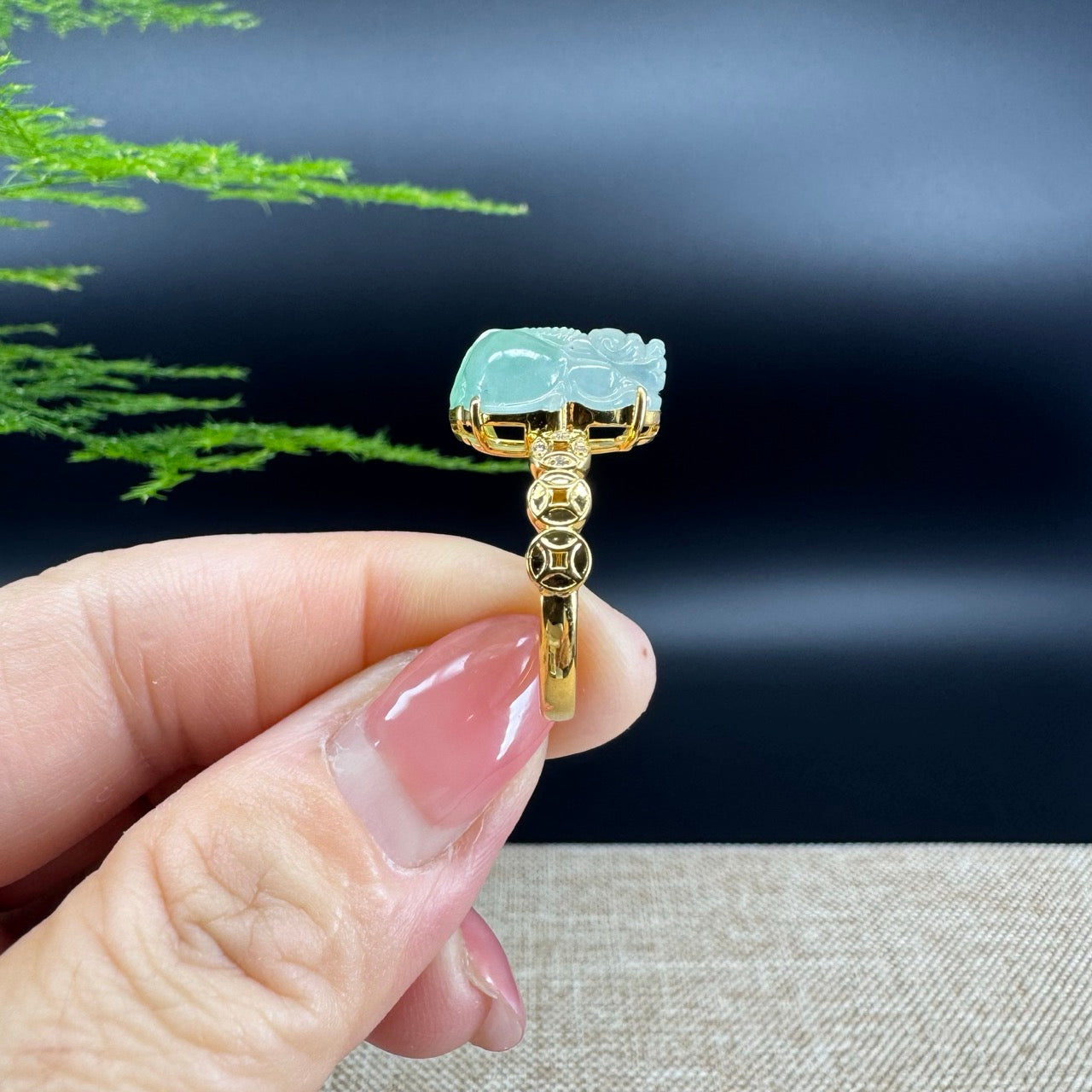 RealJade® "Signature Signet" 18K Yellow Gold Icy Blue Jadeite Jade Diamonds PiXiu Ring