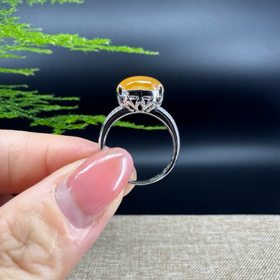 RealJade® "Amelie" 18k White Gold Natural Honey Yellow Jadeite Hulu Ring With Diamonds