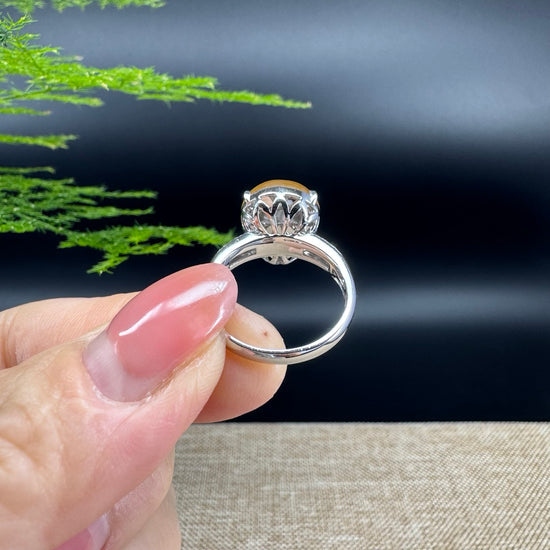 RealJade® "Amelie" 18k White Gold Natural Honey Yellow Jadeite Hulu Ring With Diamonds