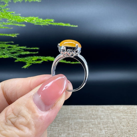 RealJade® "Amelie" 18k White Gold Natural Honey Yellow Jadeite Hulu Ring With Diamonds