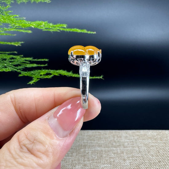 RealJade® "Amelie" 18k White Gold Natural Honey Yellow Jadeite Hulu Ring With Diamonds