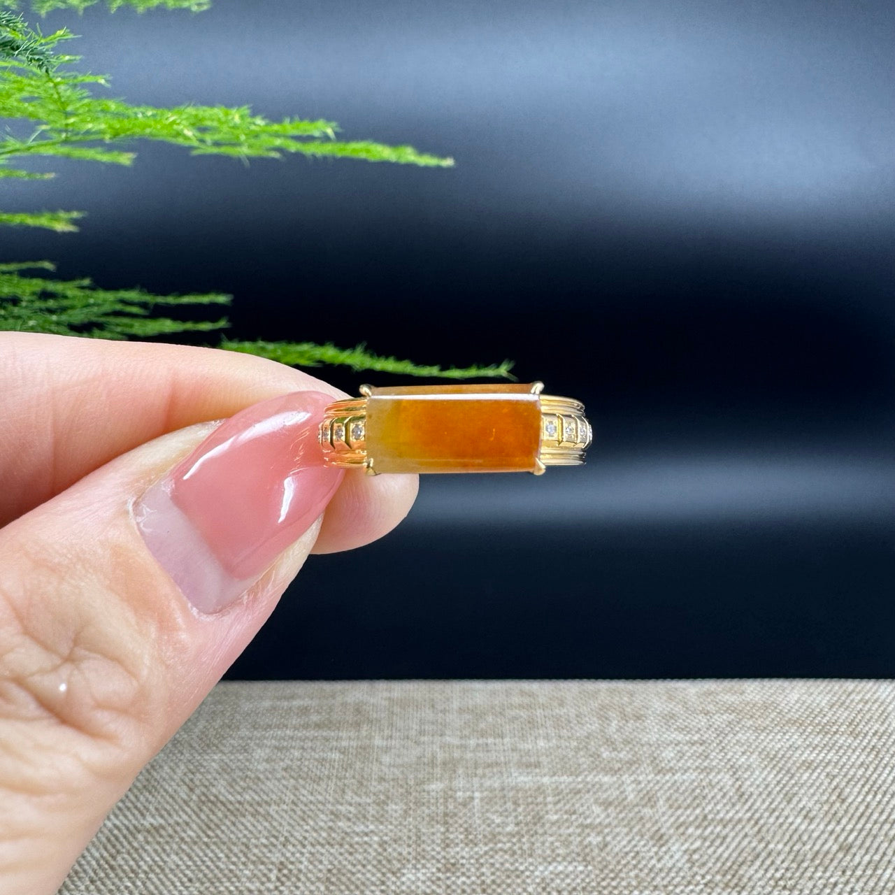 RealJade® "Signature Signet" 18K Yellow Gold  Honey Yellow Jadeite Jade With Dianonds Ring