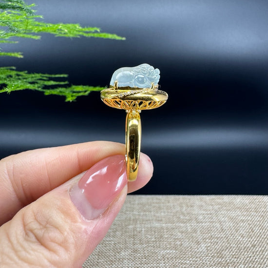 RealJade®  18K Yellow Gold Icy Jadeite Jade Diamonds  PiXiu Ring