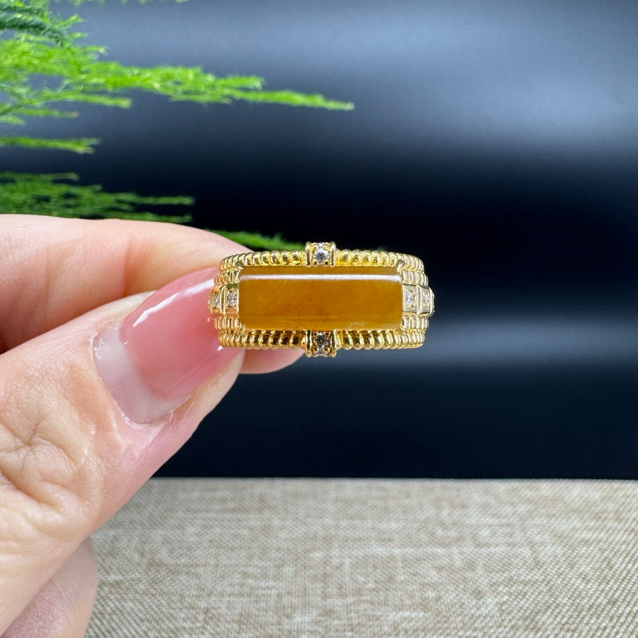 RealJade® "Signature Signet" 18K Yellow Gold  Honey Yellow  Bamboo Jadeite Jade Diamonds Ring