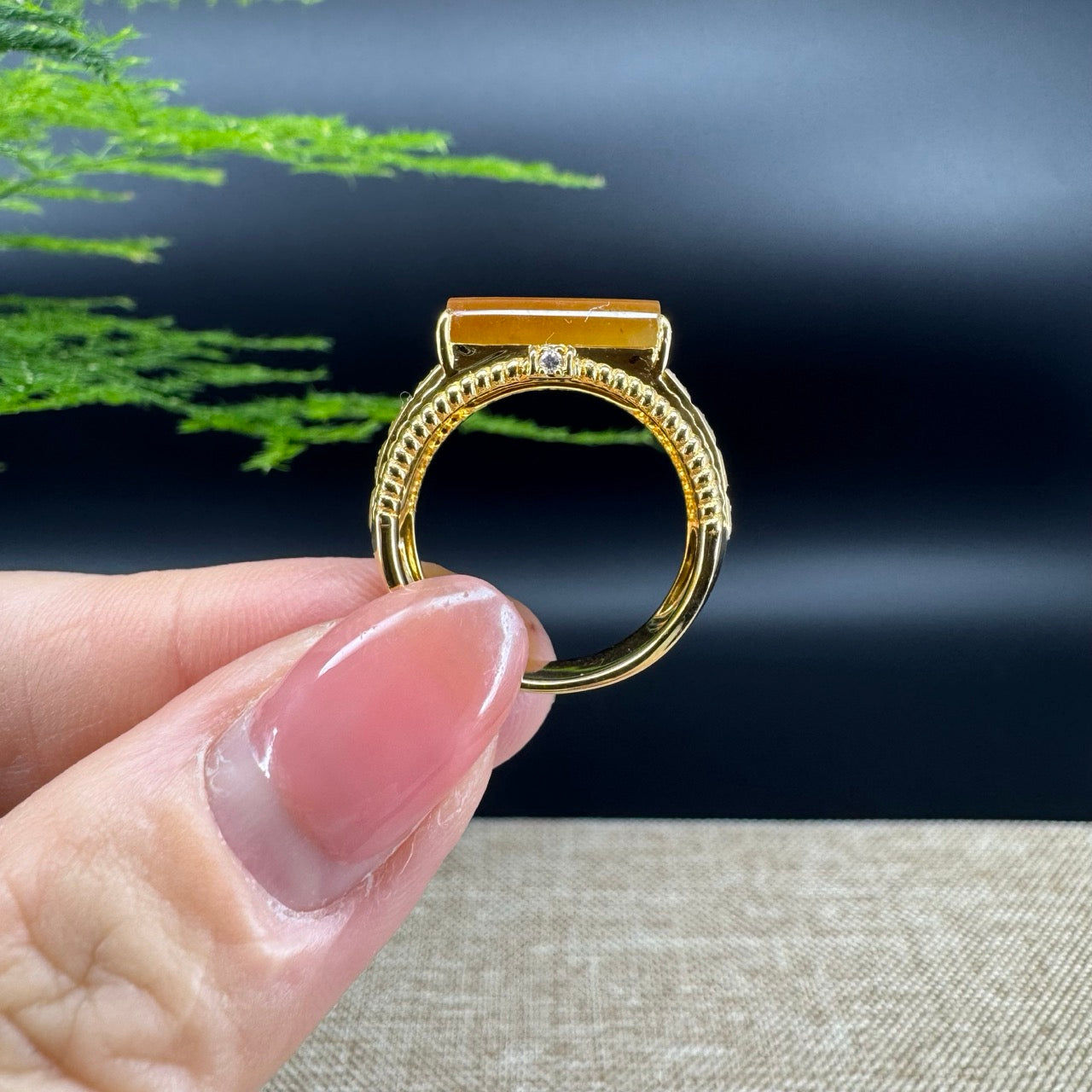 RealJade® "Signature Signet" 18K Yellow Gold  Honey Yellow  Bamboo Jadeite Jade Diamonds Ring