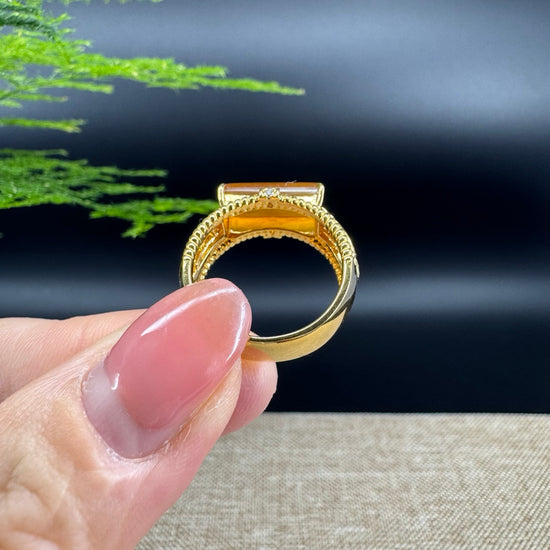 RealJade® "Signature Signet" 18K Yellow Gold  Honey Yellow  Bamboo Jadeite Jade Diamonds Ring