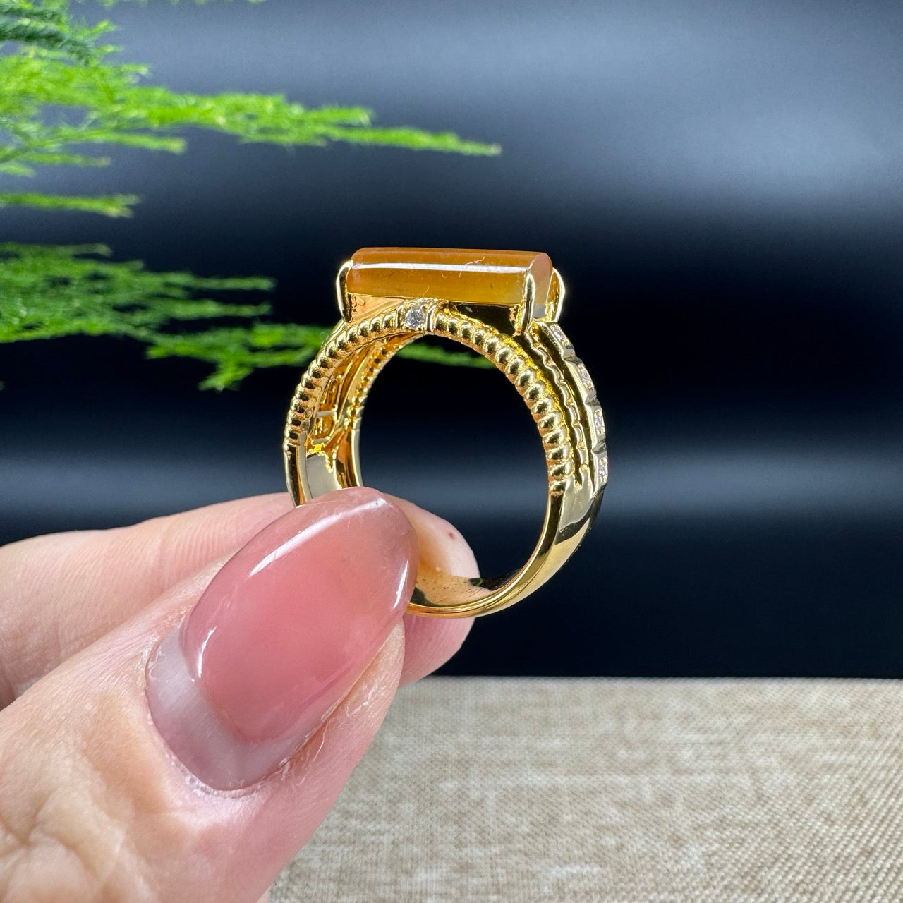 RealJade® "Signature Signet" 18K Yellow Gold  Honey Yellow  Bamboo Jadeite Jade Diamonds Ring