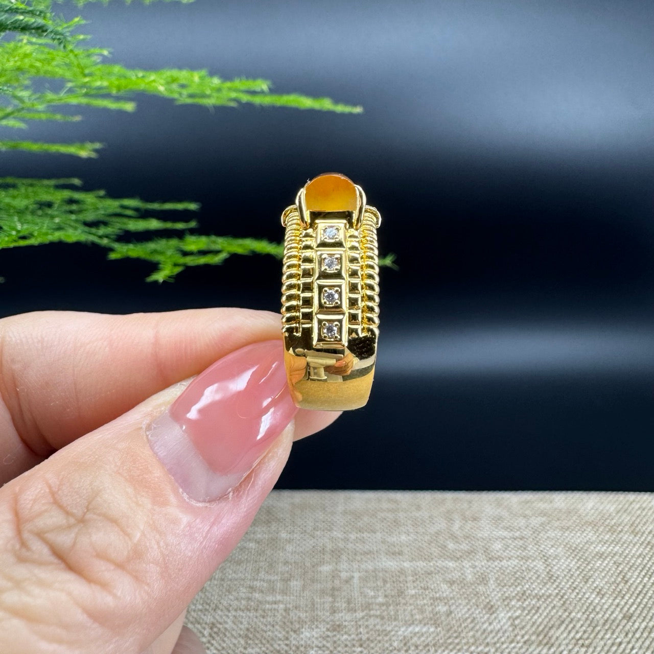 RealJade® "Signature Signet" 18K Yellow Gold  Honey Yellow  Bamboo Jadeite Jade Diamonds Ring